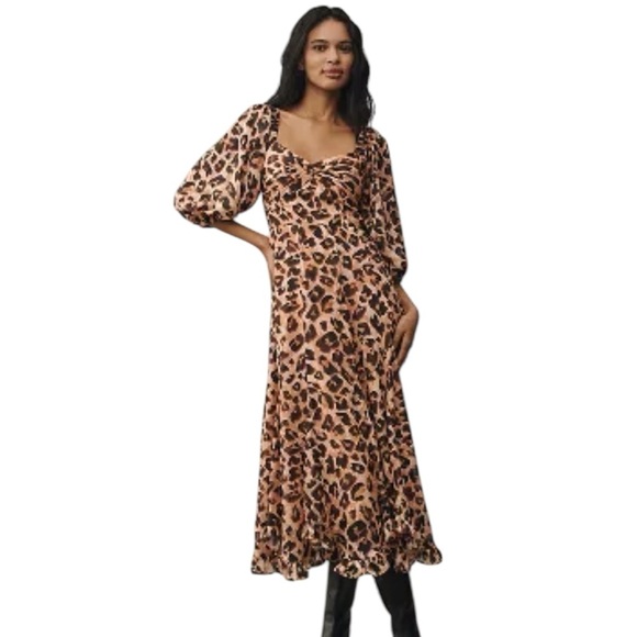 NWT Anthropologie Hutch Twist-Front Puff-Sleeve Ruffle-Hem Leopard Dress XXS - Picture 1 of 5